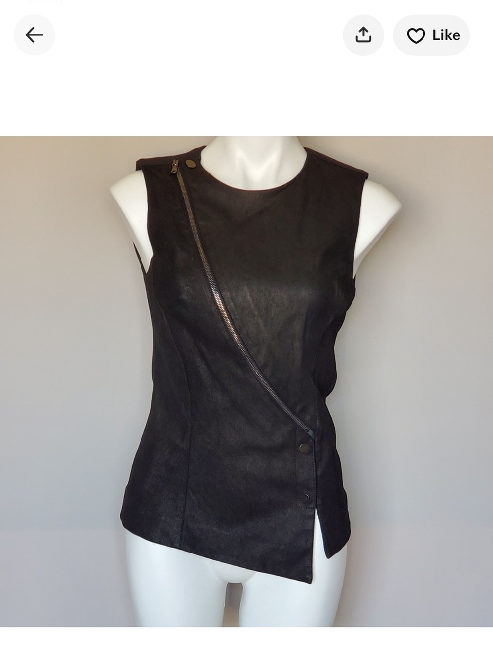 Veronica Beard Black Sleeveless Asymmetrical Zip Leather vest/top